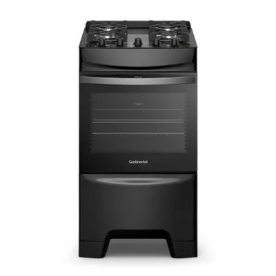 Fogão 4 Bocas Continental Preto Mesa de Vidro, Forno Eco Turbo e Grades Ferro Fundido (FC4GB)