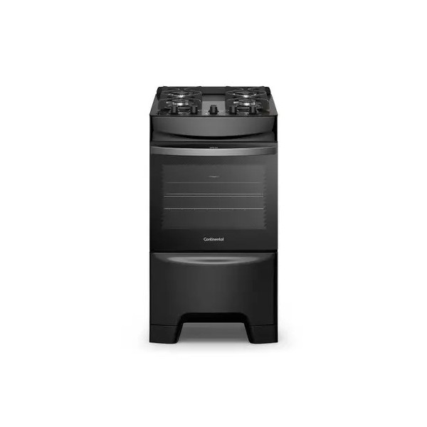 Fogão 4 Bocas Continental Preto Mesa de Vidro, Forno Eco Turbo e Grades Ferro Fundido (FC4GB)