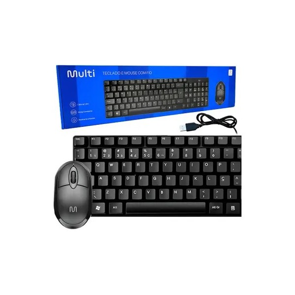 Kit Teclado E Mouse Usb Com Fio Basico Preto Multilaser Slim