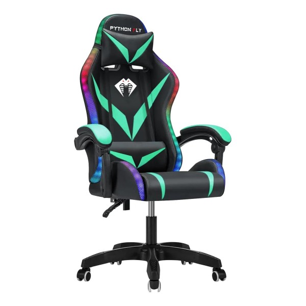 Cadeira Gamer E Escritório Python Fly Com Led Rgb Ergonômica Cor Verde E Preto Material Do Estofamento Couro Sintético