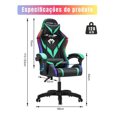 Cadeira Gamer E Escritório Python Fly Com Led Rgb Ergonômica Cor Verde E Preto Material Do Estofamento Couro Sintético